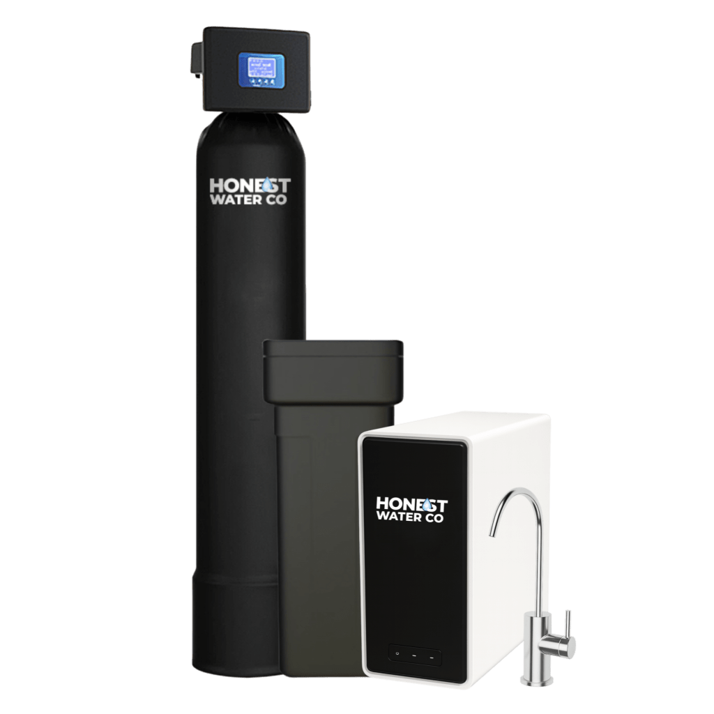 Honest Water Co complete system: black cylinder softener tank, brine tank, and white reverse-osmosis drinking unit with stainless faucet