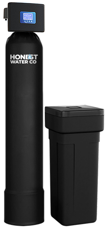 Honest Water Co softener tank cutaway reference, showing the black cylindrical tank with the Honest Water Co wordmark